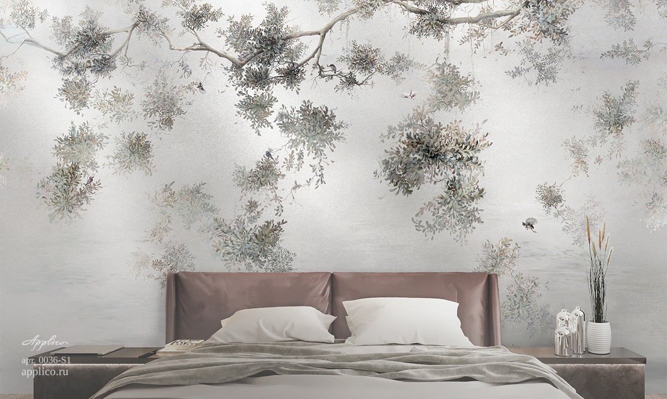 обои и панно Шинуазри на серебре в интерьере